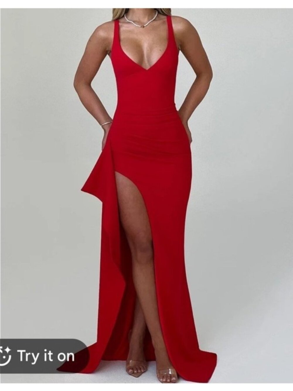 Babyboo Violetta Maxi Dress XS Red Ruched Draped Slit Formal Evening Gown